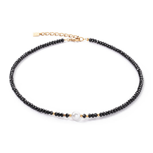 Yellow Gold Plate Swarvoski Pearl and Black Bead Neckace