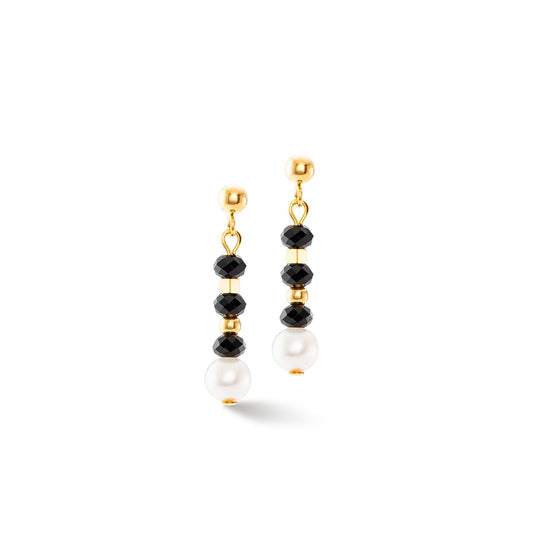 Yellow Gold Plate Swarvoski Pearl and Black Bead Drop Earrings