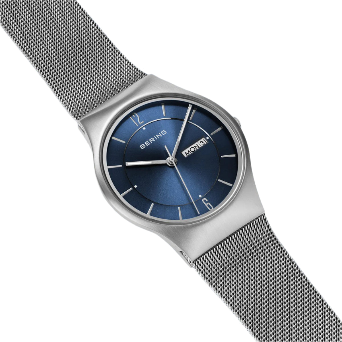 Silver Colour Satin Finish Bezel with Blue Dial Mesh Strap Watch