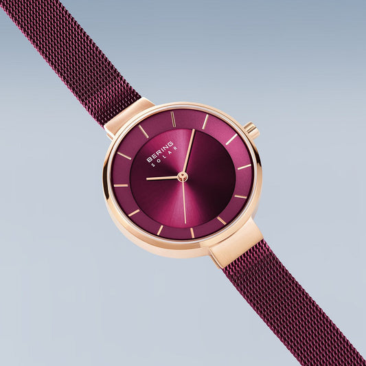 Burgundy Mesh Strap and Rose Gold Colour Bezel Watch