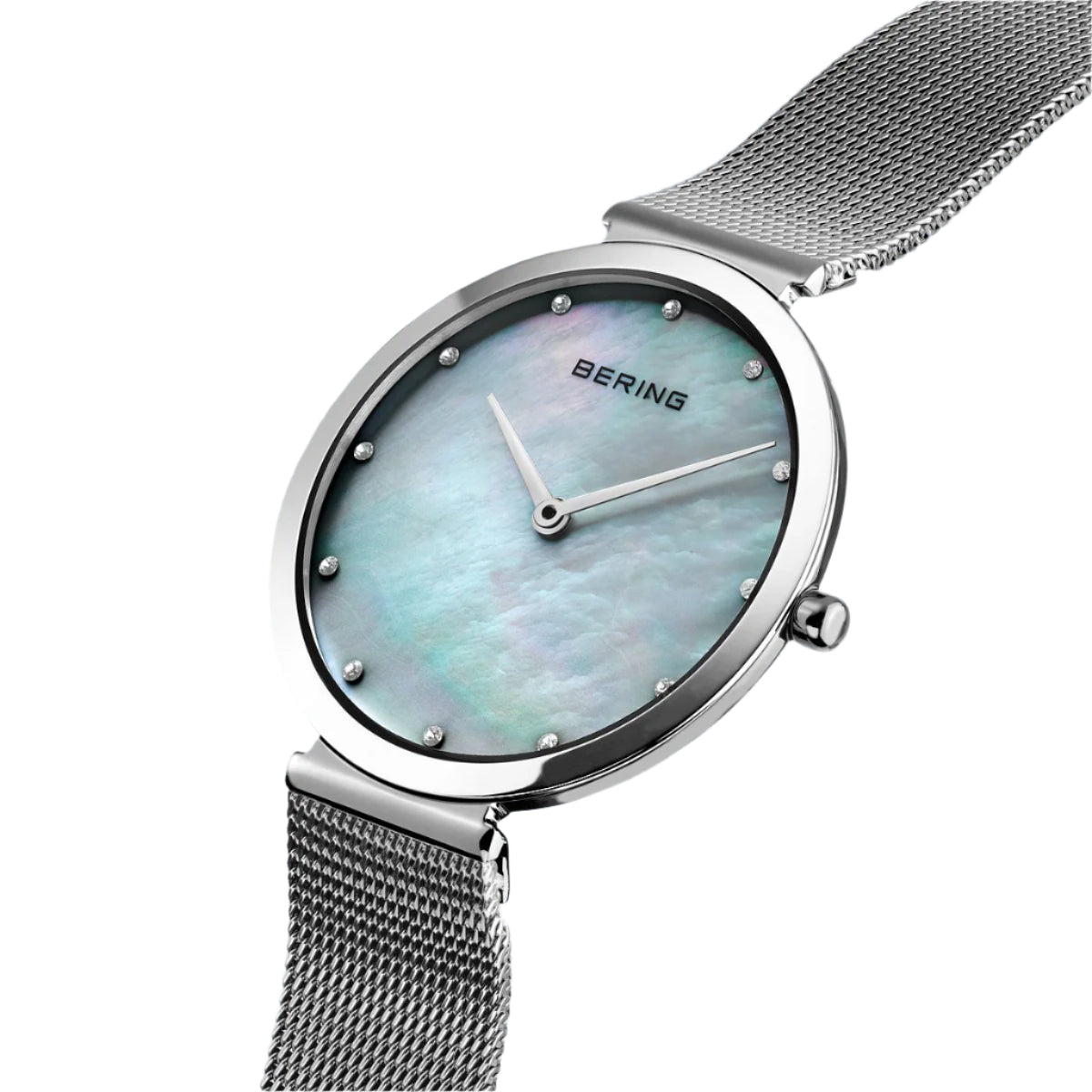 Silver Colour Mother of Pearl Mesh Strap Watch