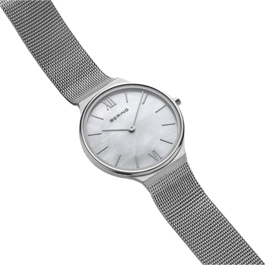 Silver Colour Mother of Pearl Mesh Strap Watch