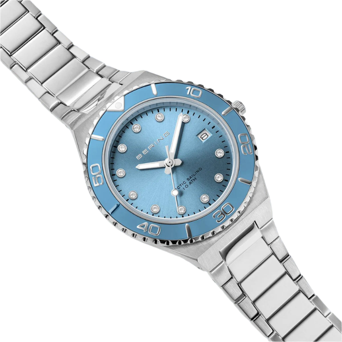 Silver Colour Watch with Light Blue Dial and Bezel