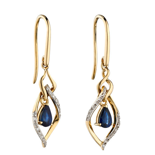 9ct YG Sapphire + Diamond Twist Marquise Drop Earrings