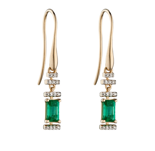 Diamond and Emerald Art Deco Style Drop Earrings