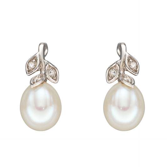 Diamond Leaf Pearl Drop Earrings