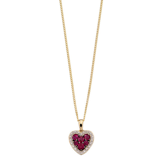 9ct YG Ruby + Diamond Heart Cluster Pendant