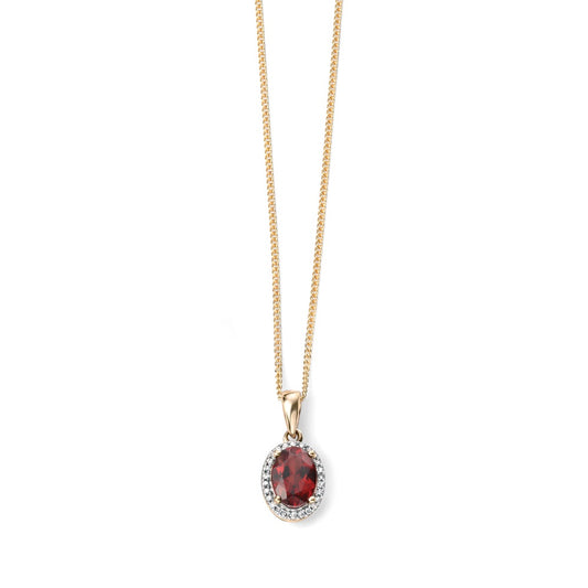 9ct YG Oval Garnet + Diamond Cluster Pendant