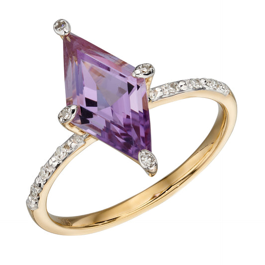 9ct Yellow Gold Amethyst and Diamond Kite Cocktail Ring