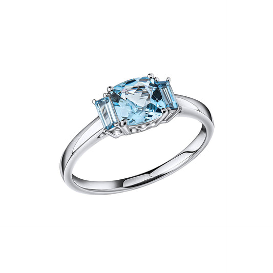 9ct WG Three stone Checkboard and Baguette Aquamarine Ring